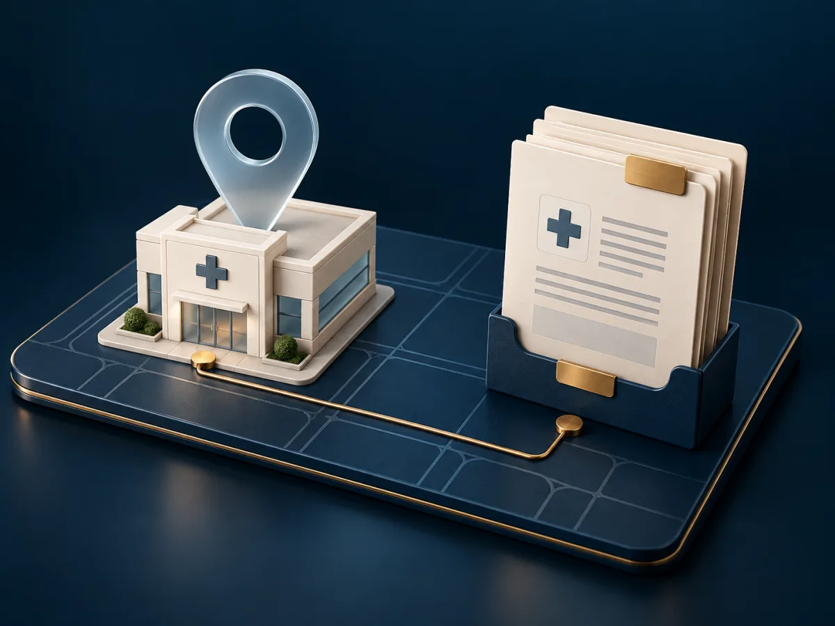 Editorial illustration connecting an abstract care facility and location marker with medical records.