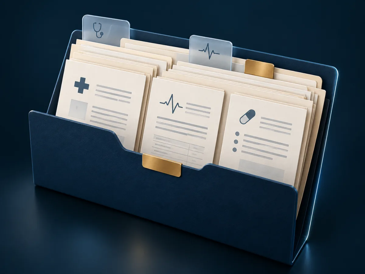 An editorial illustration of medical records and dividers arranged for review.