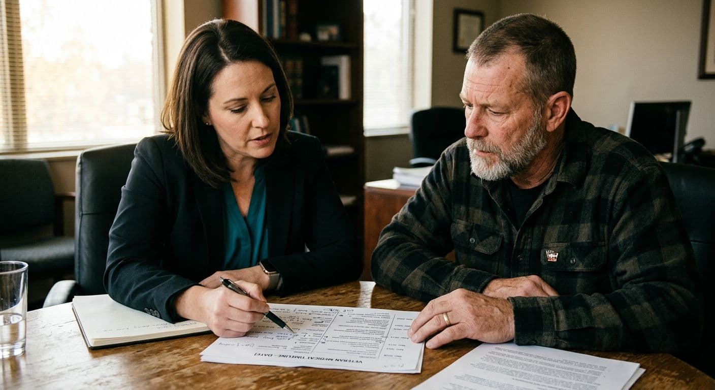 A close-up of a lawyer and a military veteran sitting across from each other at a conference table, reviewing a medical timeline document together.