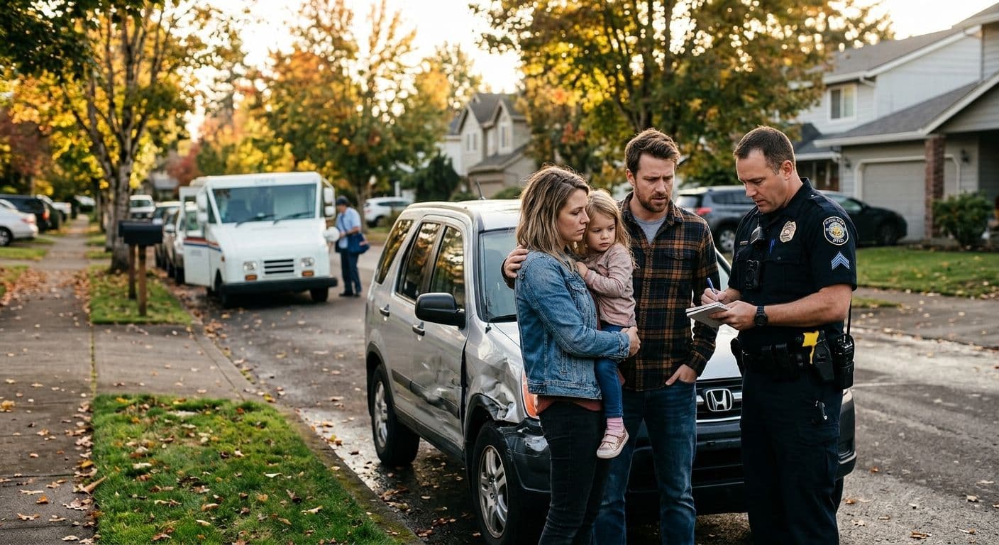 A worried family standing beside a damaged vehicle on a suburban street, with a USPS mail truck visible in the background and a police officer taking notes