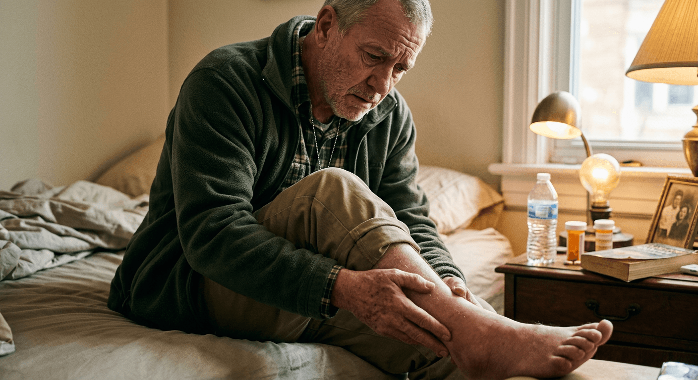 A close-up of a veteran sitting on the edge of a bed, looking concerned while examining severe swelling around their ankles.