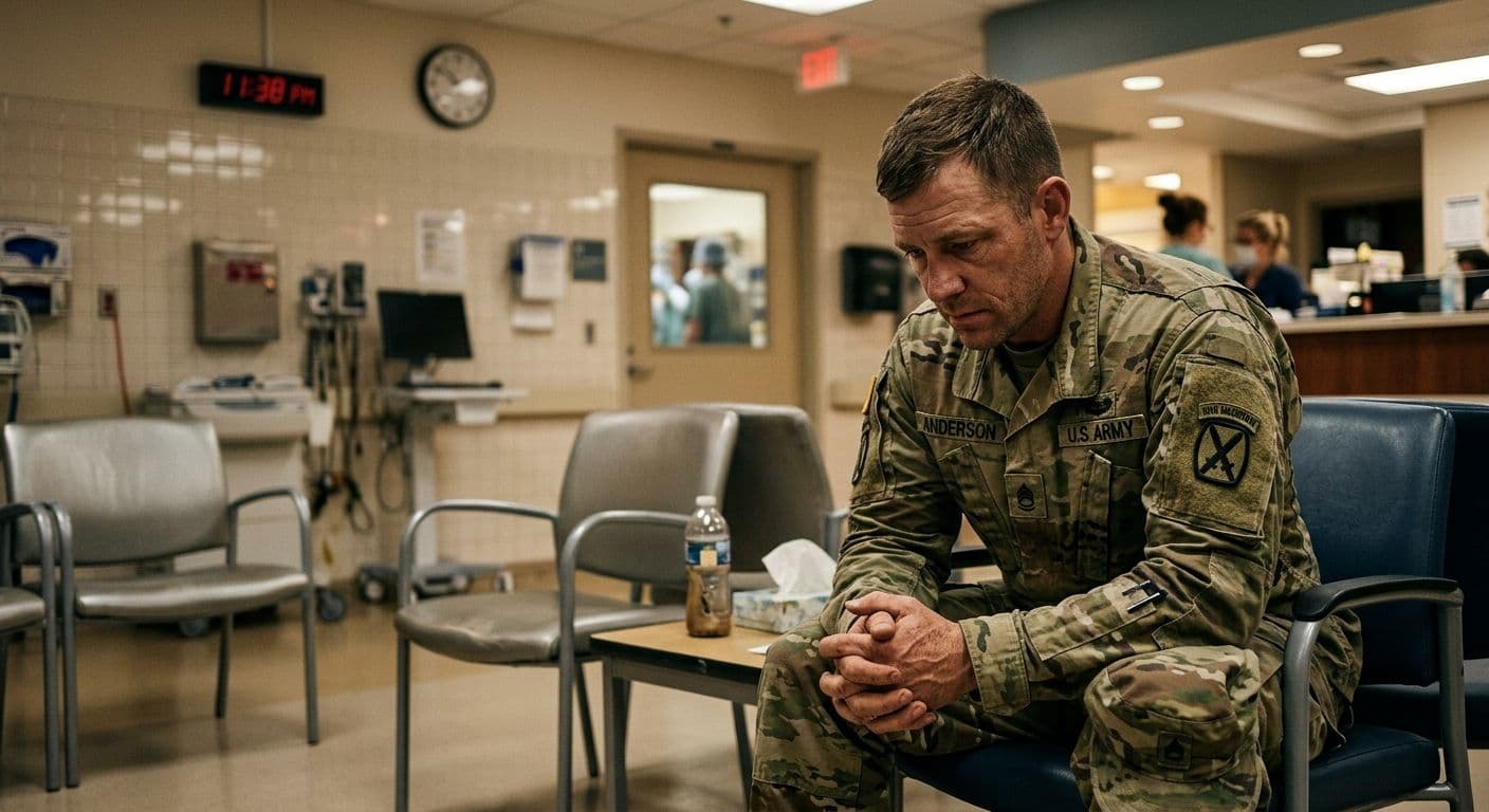 A father in military uniform sitting in a sterile hospital waiting room, looking anxiously down at his hands while waiting for news from the surgical wing.