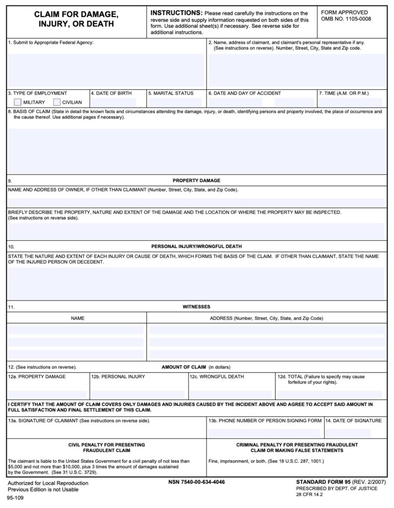 Federal Tort Claims Act Standard Form 95 - Veterans Medical Malpractice ...